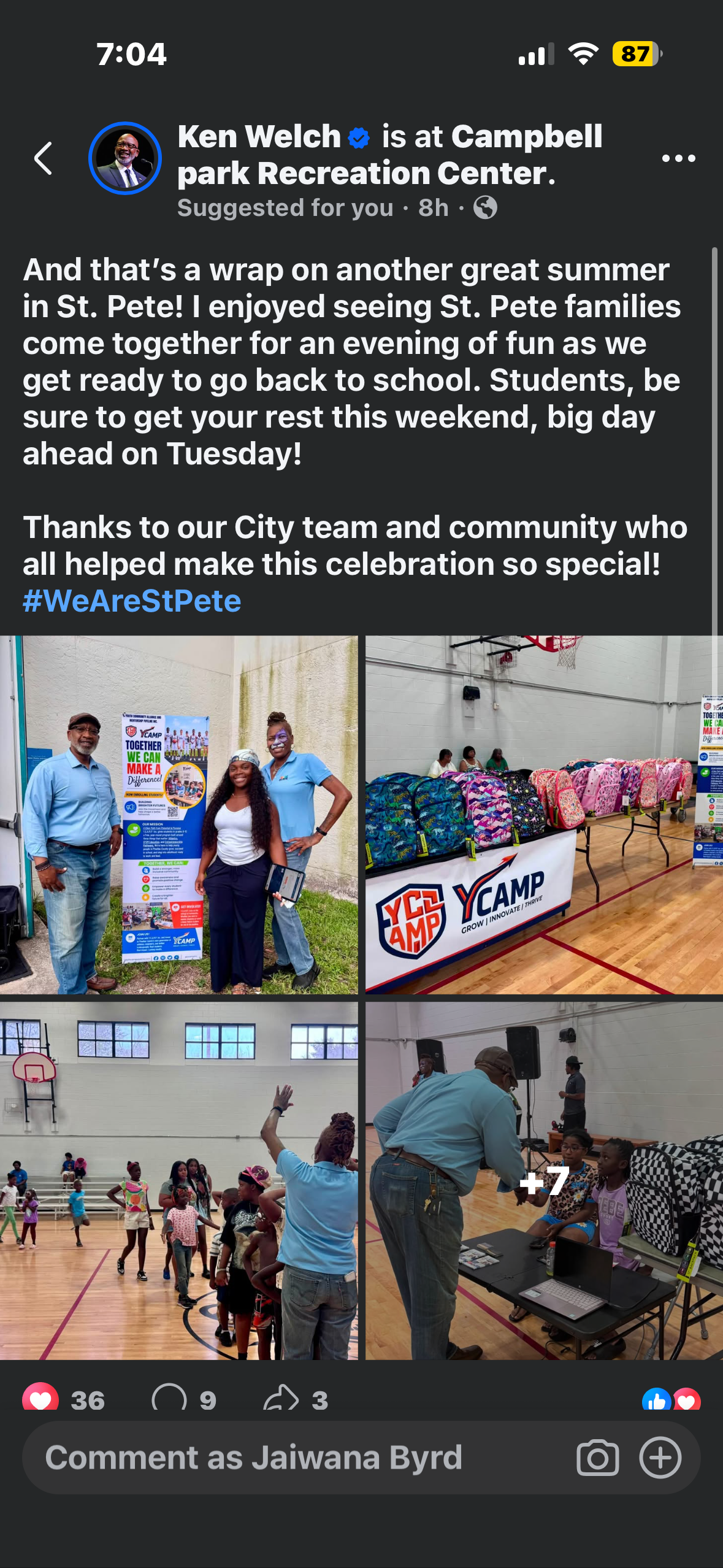Social media post from Mayor Ken Welch highlighting Y.C.A.M.P. at the City of St. Petersburg End of Summer Bash
